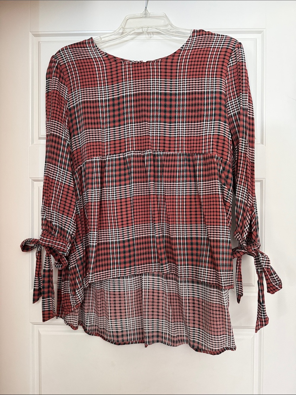 Umgee Red and Black Plaid Tie-Sleeve Blouse